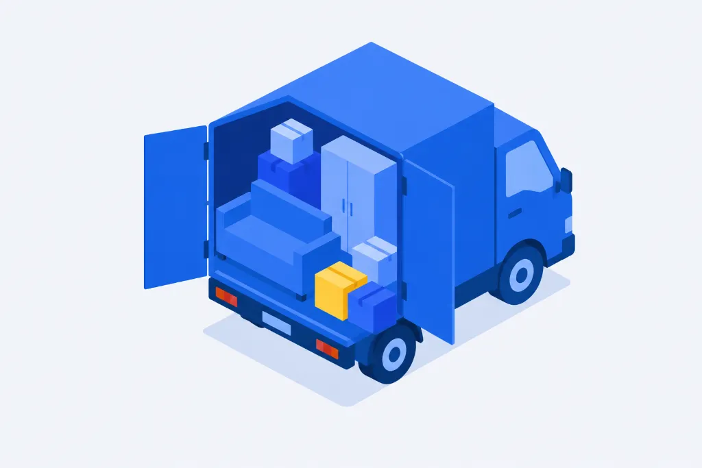 Caisse d'un camion de déménagement ouverte, chargée de cartons, d'un canapé et d'une armoire.